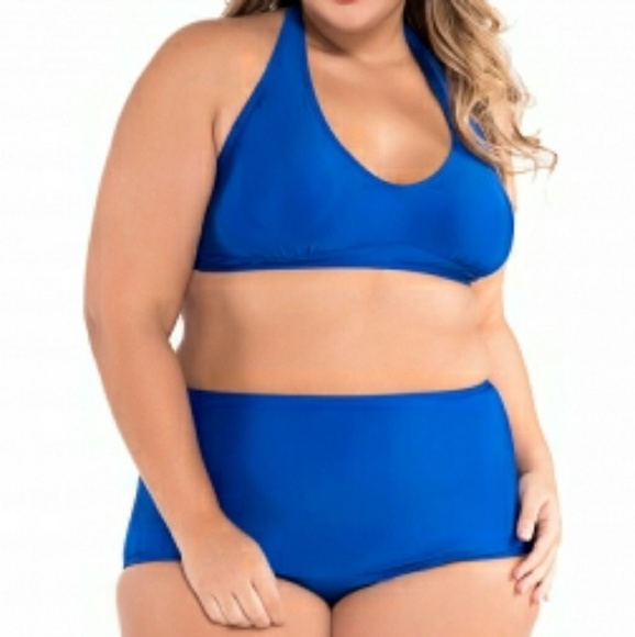 Solid Blue Plus Size Halter Bikini Swimsuit - Picture 3 of 5